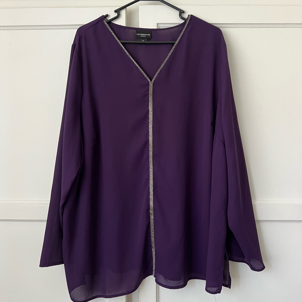 Liz Claiborne Purple Flowy Evening Blouse with Rhinestone Trim Plus Size 2X